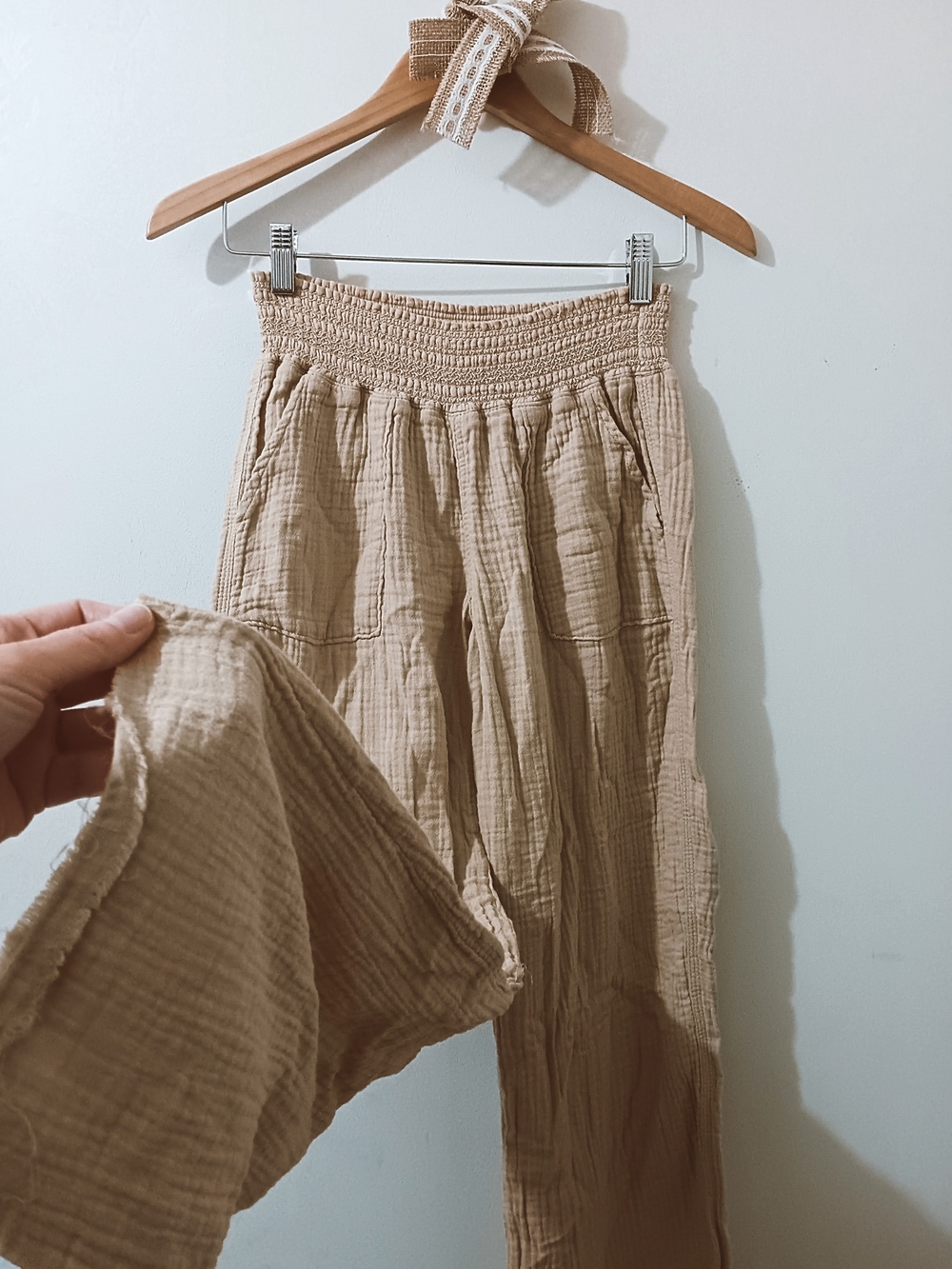 Sincerely Jules Tan Cotton Gauze Smocked Waist Straight Wide Leg Pants